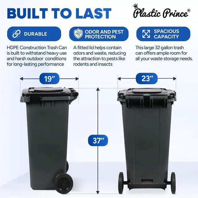 Alt view image 6 of 6 - 32 Gallon Step-On Large Outdoor Trash Can with Lid and Wheels - Outside Plastic Rolling Garbage Can - Rollout Commercial Heavy-Duty Container Barrel, Gray