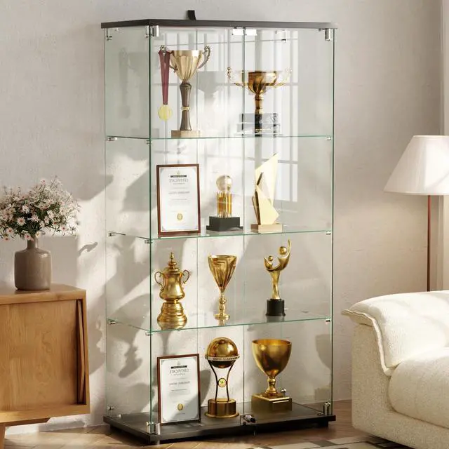 Main image of 4-Tier Glass Display Cabinet with Lock, Clear Curio Cabinet with Double Glass Doors, for Collectibles, Figures, Trophy, Perfume, Toys, Wine, Lockable Glass Display Case for Home Office, Black