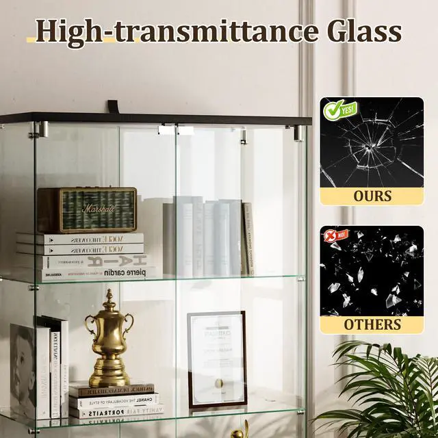 Alt view image 2 of 6 - 4-Tier Glass Display Cabinet with Lock, Clear Curio Cabinet with Double Glass Doors, for Collectibles, Figures, Trophy, Perfume, Toys, Wine, Lockable Glass Display Case for Home Office, Black
