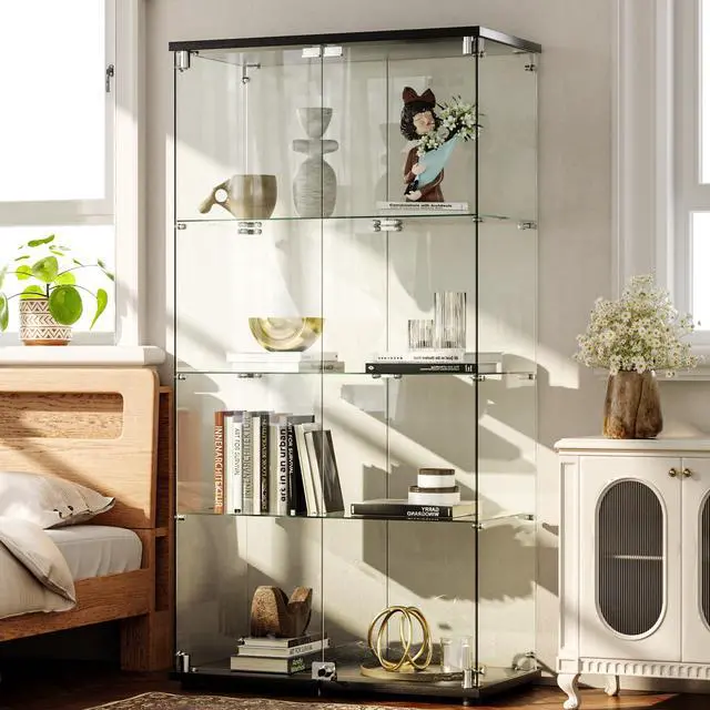Alt view image 3 of 6 - 4-Tier Glass Display Cabinet with Lock, Clear Curio Cabinet with Double Glass Doors, for Collectibles, Figures, Trophy, Perfume, Toys, Wine, Lockable Glass Display Case for Home Office, Black