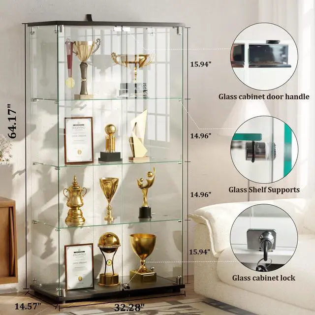 Alt view image 4 of 6 - 4-Tier Glass Display Cabinet with Lock, Clear Curio Cabinet with Double Glass Doors, for Collectibles, Figures, Trophy, Perfume, Toys, Wine, Lockable Glass Display Case for Home Office, Black