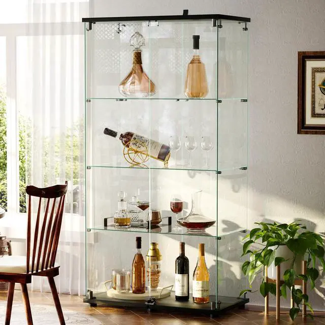 Alt view image 5 of 6 - 4-Tier Glass Display Cabinet with Lock, Clear Curio Cabinet with Double Glass Doors, for Collectibles, Figures, Trophy, Perfume, Toys, Wine, Lockable Glass Display Case for Home Office, Black