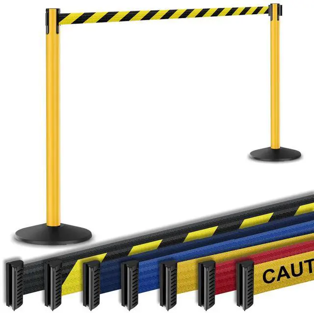 Main image of Prime 10' Long Outdoor Weather Resistant Retractable Belt Stanchion 2 Pk, 40 Tall No-Tools Assembly Crowd Control Barriers (Yellow Alumnium Post w/Black & Yellow Belt)