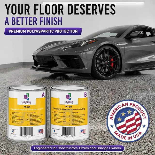 Alt view image 2 of 6 - PP-80 Polyaspartic Floor Coating, High Solids Clear Topcoat for Garage, Concrete, Epoxy & Metallic Floors, UV Resistant, Non-Yellowing, Slow Cure (Clear, 2 GALLON KIT, 256 Fl oz)