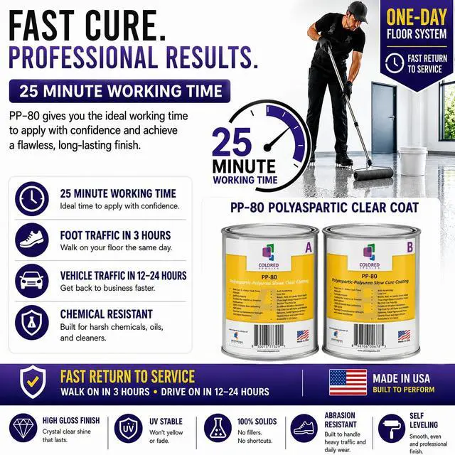 Alt view image 4 of 6 - PP-80 Polyaspartic Floor Coating, High Solids Clear Topcoat for Garage, Concrete, Epoxy & Metallic Floors, UV Resistant, Non-Yellowing, Slow Cure (Clear, 2 GALLON KIT, 256 Fl oz)