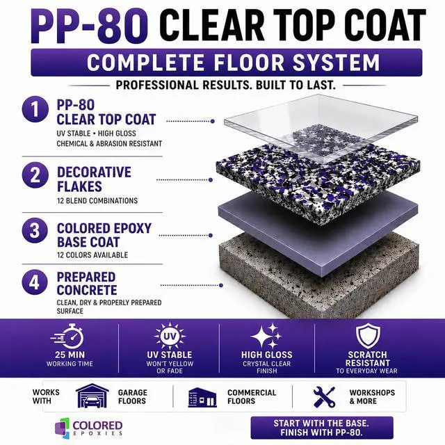 Alt view image 6 of 6 - PP-80 Polyaspartic Floor Coating, High Solids Clear Topcoat for Garage, Concrete, Epoxy & Metallic Floors, UV Resistant, Non-Yellowing, Slow Cure (Clear, 2 GALLON KIT, 256 Fl oz)