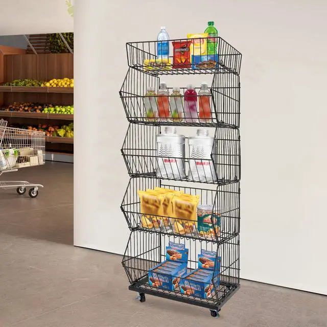 Alt view image 2 of 6 - Retail Display Rack 5-Tier Market Merchandise Display Shelf Fruit Storage Shelf Vegetable Snack Basket Retail Store Supplies with Wheels for Home Store Market (18" D X 19" W X 55" H- Black)