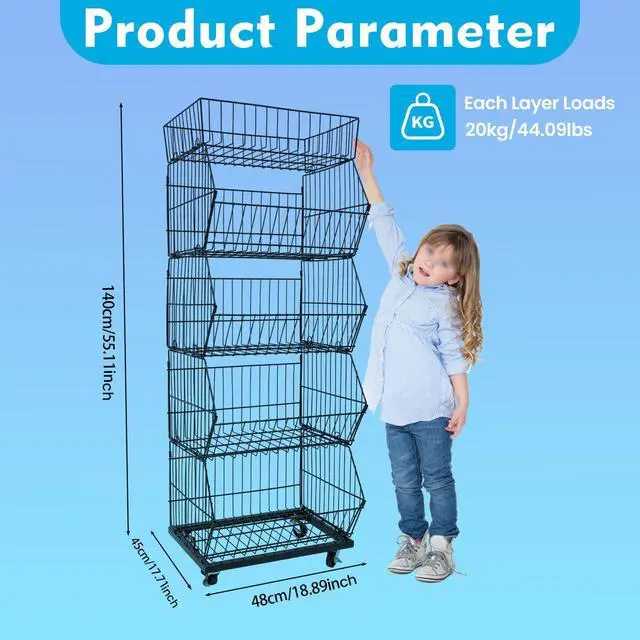 Alt view image 3 of 6 - Retail Display Rack 5-Tier Market Merchandise Display Shelf Fruit Storage Shelf Vegetable Snack Basket Retail Store Supplies with Wheels for Home Store Market (18" D X 19" W X 55" H- Black)