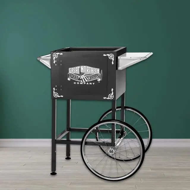 Alt view image 3 of 6 - Popcorn Cart - Vintage Replacement Stand for 8-Ounce Poppers with Shelf, Push Handle, and Bicycle-Style Wheels by Great Northern Popcorn (Black)