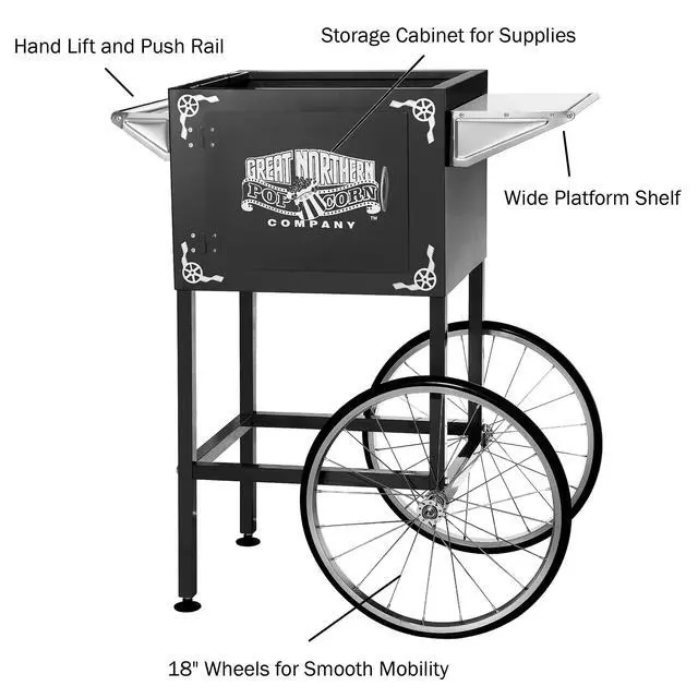 Alt view image 4 of 6 - Popcorn Cart - Vintage Replacement Stand for 8-Ounce Poppers with Shelf, Push Handle, and Bicycle-Style Wheels by Great Northern Popcorn (Black)