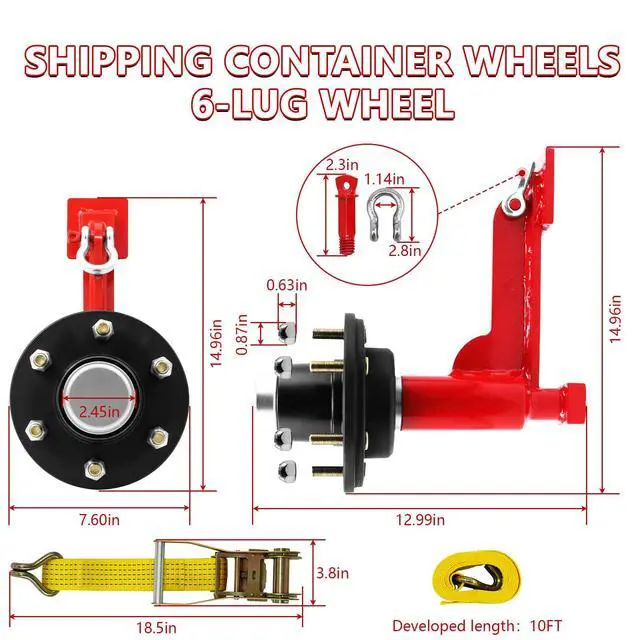 Alt view image 2 of 6 - Shipping Container Wheel Kit, Ratchet Straps & Shackles,Shipping Container Accessories,6-Lug Wheels with Heavy-Duty Axles,Heavy-Duty Mobility for 20ft & 40ft Empty Containers