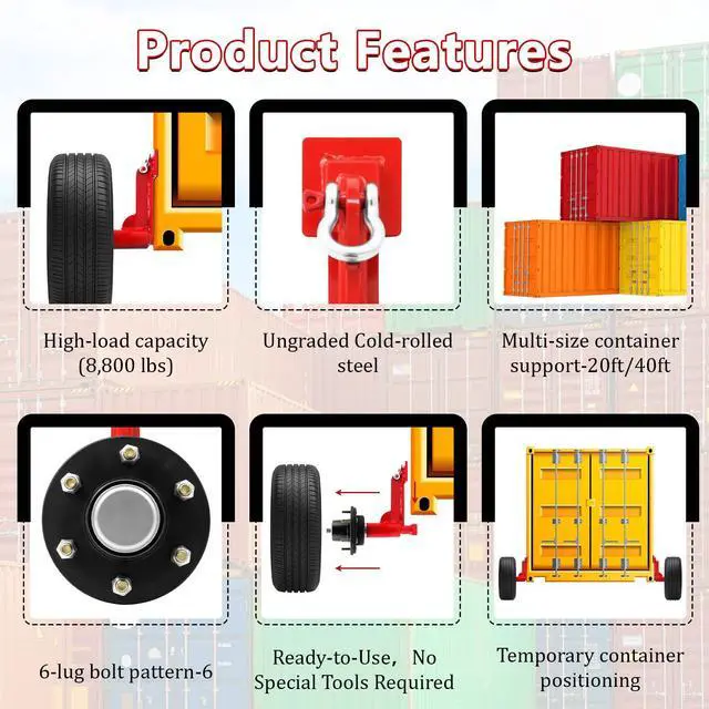 Alt view image 4 of 6 - Shipping Container Wheel Kit, Ratchet Straps & Shackles,Shipping Container Accessories,6-Lug Wheels with Heavy-Duty Axles,Heavy-Duty Mobility for 20ft & 40ft Empty Containers