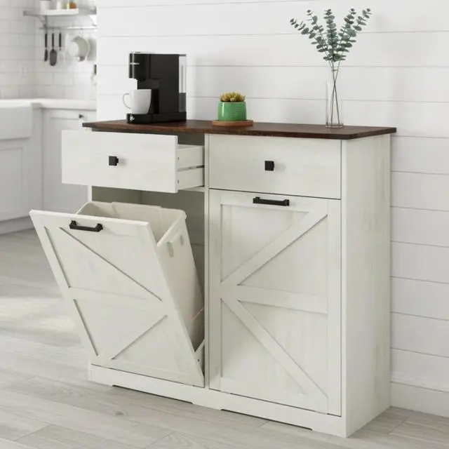 Main image of 20 Gallon Double Tilt-Out Trash Can Cabinet,Wood Hidden Garbage Can Cabinet Free Standing Recycling Cabinet Pet Proof Trash Can Holder with 2 Drawer for Kitchen Bathroom, Living Room,White