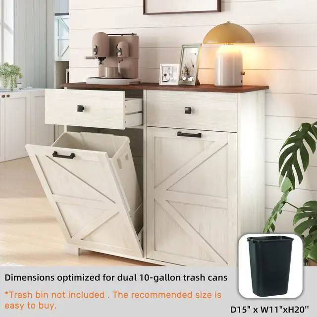 Alt view image 3 of 6 - 20 Gallon Double Tilt-Out Trash Can Cabinet,Wood Hidden Garbage Can Cabinet Free Standing Recycling Cabinet Pet Proof Trash Can Holder with 2 Drawer for Kitchen Bathroom, Living Room,White