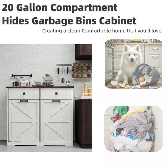 Alt view image 4 of 6 - 20 Gallon Double Tilt-Out Trash Can Cabinet,Wood Hidden Garbage Can Cabinet Free Standing Recycling Cabinet Pet Proof Trash Can Holder with 2 Drawer for Kitchen Bathroom, Living Room,White