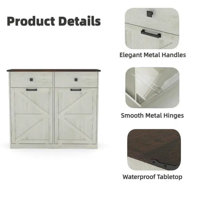Alt view image 5 of 6 - 20 Gallon Double Tilt-Out Trash Can Cabinet,Wood Hidden Garbage Can Cabinet Free Standing Recycling Cabinet Pet Proof Trash Can Holder with 2 Drawer for Kitchen Bathroom, Living Room,White