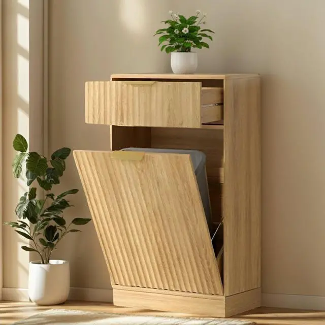 Main image of 10 Gallon Tilt Out Trash Can Cabinet Wooden Hidden Trash Can Cabinet,Pet Proof Garbage Recycling Cabinet with Storage for Kitchen Bathroom Living Room Natural