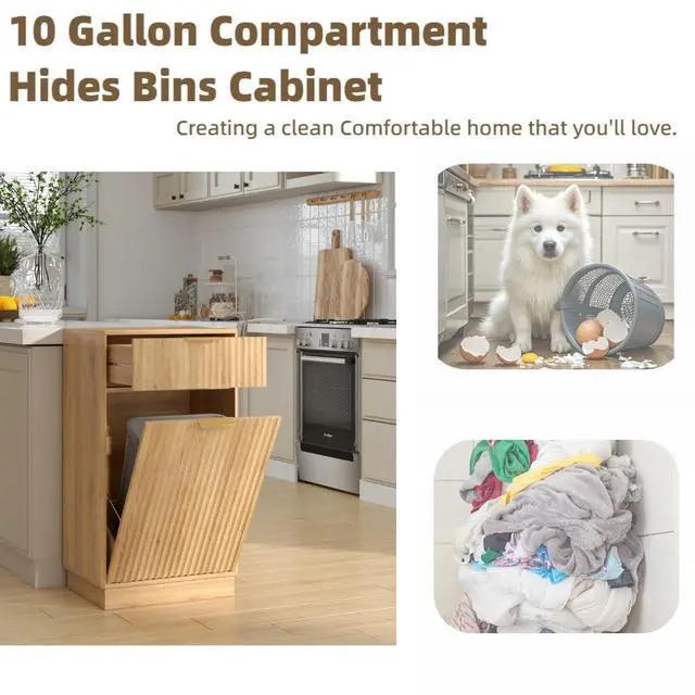 Alt view image 2 of 6 - 10 Gallon Tilt Out Trash Can Cabinet Wooden Hidden Trash Can Cabinet,Pet Proof Garbage Recycling Cabinet with Storage for Kitchen Bathroom Living Room Natural