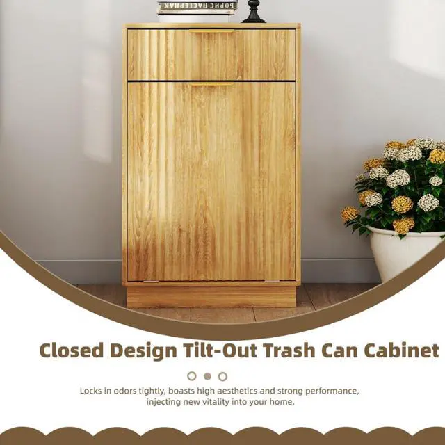 Alt view image 5 of 6 - 10 Gallon Tilt Out Trash Can Cabinet Wooden Hidden Trash Can Cabinet,Pet Proof Garbage Recycling Cabinet with Storage for Kitchen Bathroom Living Room Natural