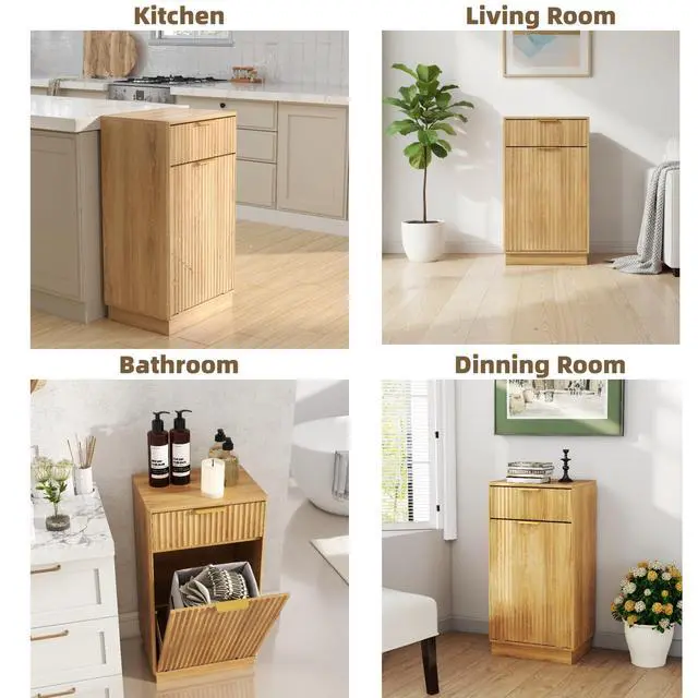 Alt view image 6 of 6 - 10 Gallon Tilt Out Trash Can Cabinet Wooden Hidden Trash Can Cabinet,Pet Proof Garbage Recycling Cabinet with Storage for Kitchen Bathroom Living Room Natural