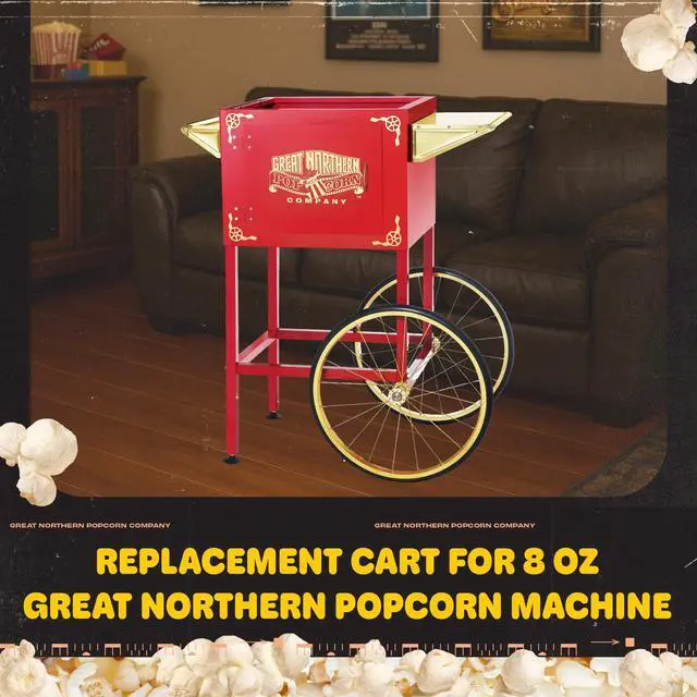 Alt view image 2 of 5 - Popcorn Cart - Vintage Replacement Stand for 8-Ounce Poppers with Shelf, Push Handle, and Bicycle-Style Wheels by Great Northern Popcorn (Red)