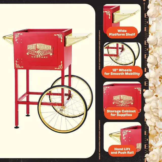 Alt view image 3 of 5 - Popcorn Cart - Vintage Replacement Stand for 8-Ounce Poppers with Shelf, Push Handle, and Bicycle-Style Wheels by Great Northern Popcorn (Red)