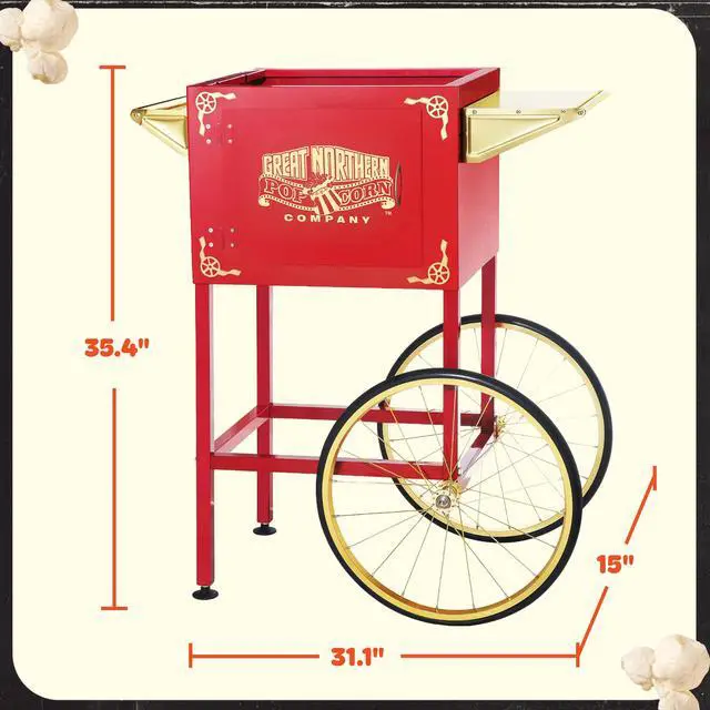 Alt view image 4 of 5 - Popcorn Cart - Vintage Replacement Stand for 8-Ounce Poppers with Shelf, Push Handle, and Bicycle-Style Wheels by Great Northern Popcorn (Red)