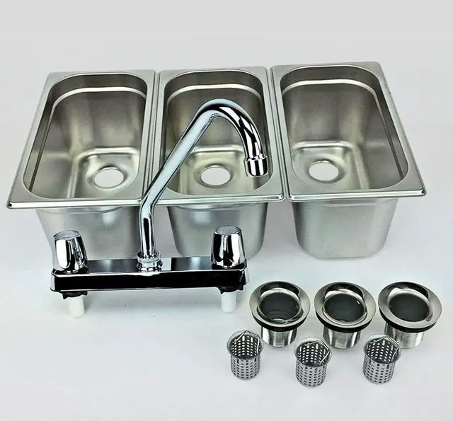 Main image of Standard 3-Compartment Drop-in Stainless Steel Concession Sink | Portable 3-basin sink with 12" faucet, bar drains, and basket strainers included. for food truck and concession stands