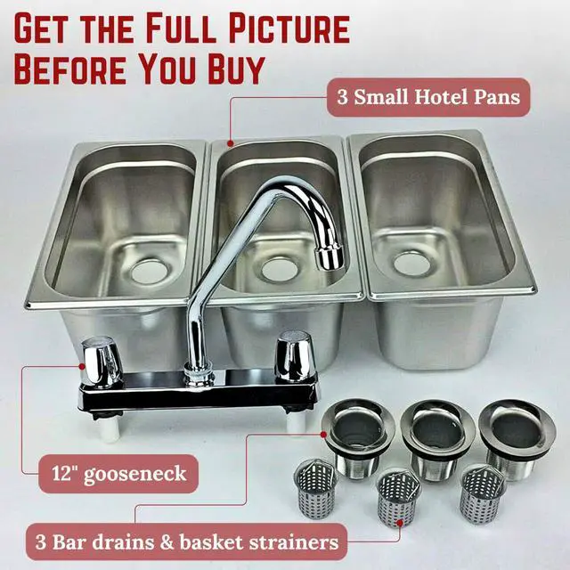 Alt view image 5 of 6 - Standard 3-Compartment Drop-in Stainless Steel Concession Sink | Portable 3-basin sink with 12" faucet, bar drains, and basket strainers included. for food truck and concession stands