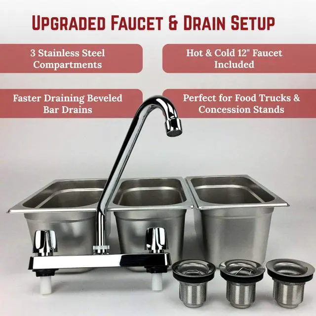 Alt view image 6 of 6 - Standard 3-Compartment Drop-in Stainless Steel Concession Sink | Portable 3-basin sink with 12" faucet, bar drains, and basket strainers included. for food truck and concession stands