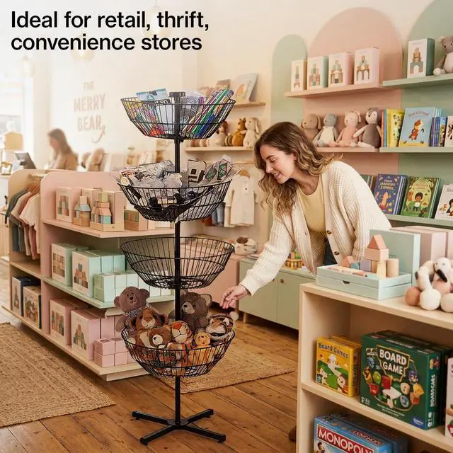 Alt view image 4 of 6 - 4-Basket Wire Floor Spinner Rack and Dump Bin (63H x 22D) - Each Basket is 8D x 22 Diameter - Great for Retail, Thrift, and Convenience Stores, Plus Home Organization