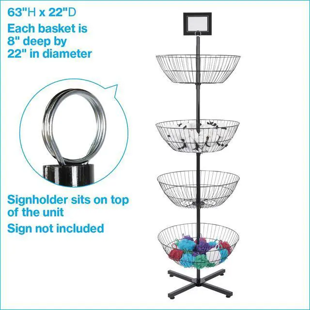 Alt view image 5 of 6 - 4-Basket Wire Floor Spinner Rack and Dump Bin (63H x 22D) - Each Basket is 8D x 22 Diameter - Great for Retail, Thrift, and Convenience Stores, Plus Home Organization