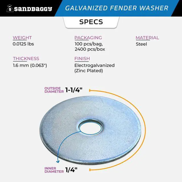 Alt view image 2 of 6 - 1/4 x 1-1/4 Galvanized Fender Washer (Zinc Plated) (4000, Silver, 1/4 x 1-1/4)