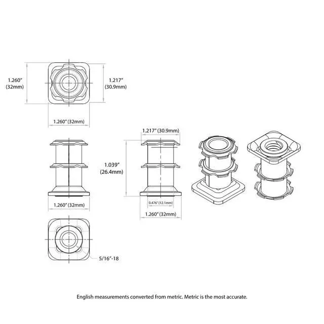 Alt view image 2 of 6 - Industries Double Star Threaded Caster Insert | Heat Treated Steel | Fits 1-1/4 Inch Square 16-18 Gauge Tube | Thread: 5/16-18 | 100 Pack