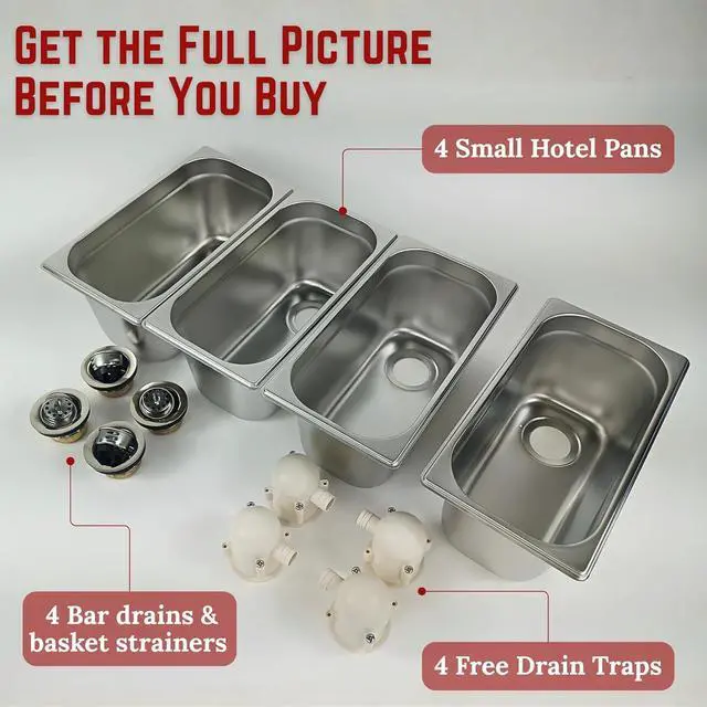 Alt view image 6 of 6 - 4-Compartment DropIn Stainless Steel Concession Sink,Thicker 22-Gauge 18/8 | NSF Certified Includes 4 Bar Drains & Free Drain Traps Portable Hand-Washing Station for Food Trucks & Trailers