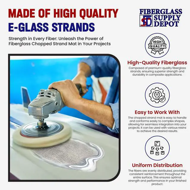Alt view image 6 of 6 - Fiberglass Chopped Strand Mat 1.5 oz Full Roll| 50 inches Wide x 204 Feet Long | 68 Yards Rolled | Hand Layup, Vacuum Bagging, Polyester or Vinyl Ester Resins