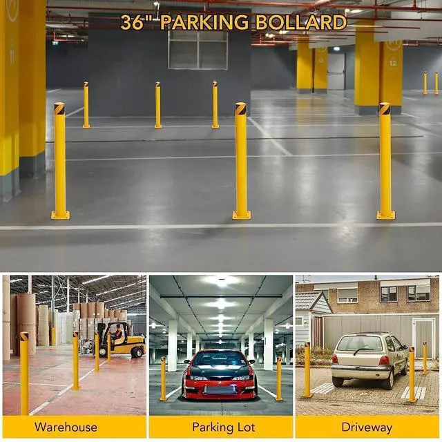 Alt view image 3 of 6 - Safety Bollard 6 Packs, 36 in Height Bollard Post, 4.5 in Diameter, Yellow Safety Steel Bollard Post with 24 Anchor Bolts, for Traffic Control, Driveway Barrier, Parking Pole
