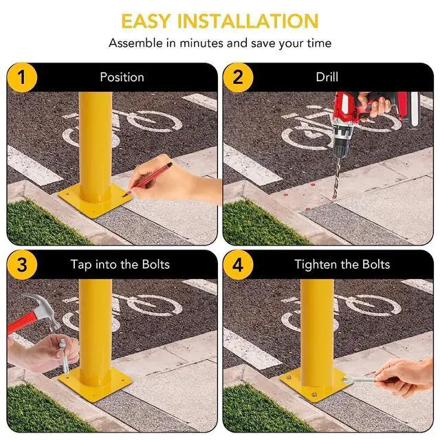 Alt view image 5 of 6 - Safety Bollard 6 Packs, 36 in Height Bollard Post, 4.5 in Diameter, Yellow Safety Steel Bollard Post with 24 Anchor Bolts, for Traffic Control, Driveway Barrier, Parking Pole
