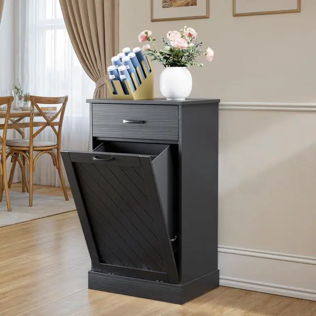 Main image of 13 Gallons Tilt Out Trash Cabinet, Kitchen Hidden Trash Bin Cabinet Wood Garbage Recycling Cabinet with Hideaway Drawer, Pet Proof Freestanding Trash Bin for Kitchen Living Room Black