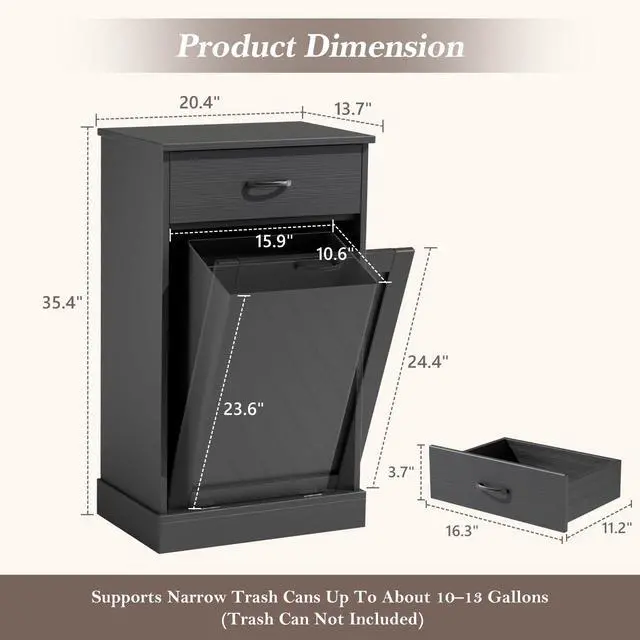 Alt view image 2 of 6 - 13 Gallons Tilt Out Trash Cabinet, Kitchen Hidden Trash Bin Cabinet Wood Garbage Recycling Cabinet with Hideaway Drawer, Pet Proof Freestanding Trash Bin for Kitchen Living Room Black