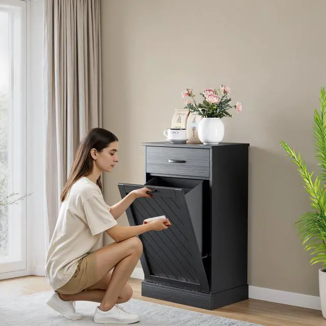 Alt view image 3 of 6 - 13 Gallons Tilt Out Trash Cabinet, Kitchen Hidden Trash Bin Cabinet Wood Garbage Recycling Cabinet with Hideaway Drawer, Pet Proof Freestanding Trash Bin for Kitchen Living Room Black