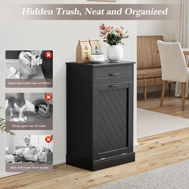 Alt view image 4 of 6 - 13 Gallons Tilt Out Trash Cabinet, Kitchen Hidden Trash Bin Cabinet Wood Garbage Recycling Cabinet with Hideaway Drawer, Pet Proof Freestanding Trash Bin for Kitchen Living Room Black
