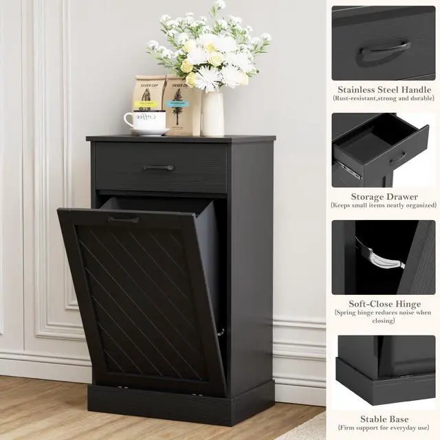 Alt view image 5 of 6 - 13 Gallons Tilt Out Trash Cabinet, Kitchen Hidden Trash Bin Cabinet Wood Garbage Recycling Cabinet with Hideaway Drawer, Pet Proof Freestanding Trash Bin for Kitchen Living Room Black