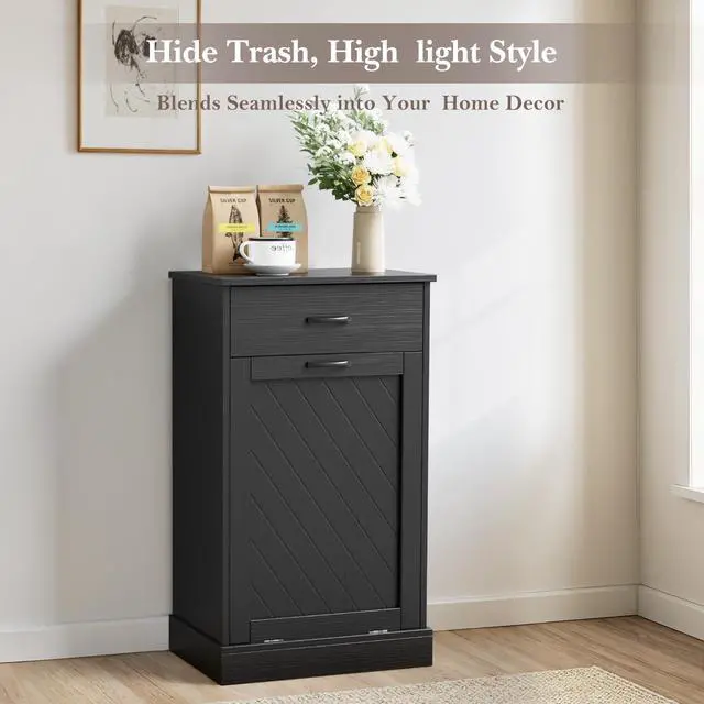 Alt view image 6 of 6 - 13 Gallons Tilt Out Trash Cabinet, Kitchen Hidden Trash Bin Cabinet Wood Garbage Recycling Cabinet with Hideaway Drawer, Pet Proof Freestanding Trash Bin for Kitchen Living Room Black