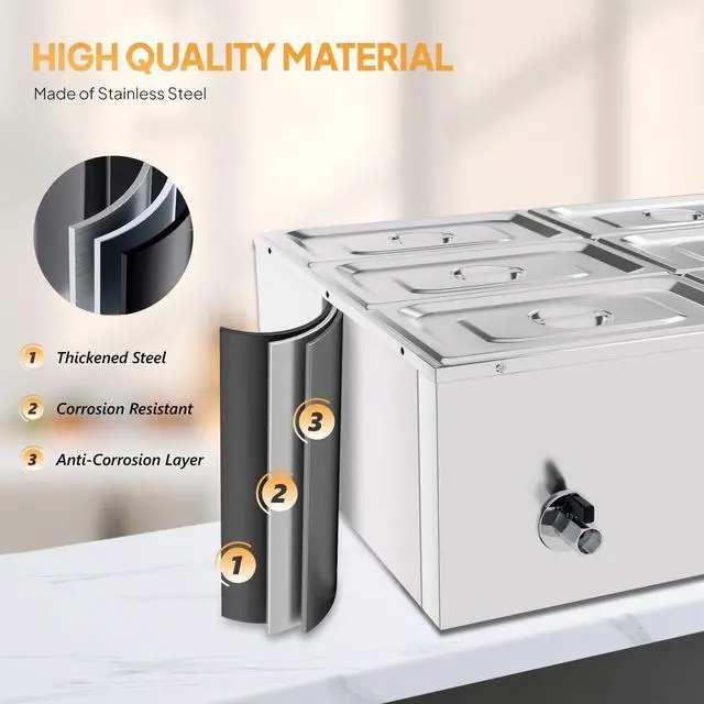 Alt view image 4 of 6 - 42.3 QT 6 Pan Commercial Electric Food Warmer, Counter Top Electric Bain-Marie with Warming Plate, Steam Table Food Warmer for Catering, Parties Buffet and Restaurant, Stainless Steel, 1200W