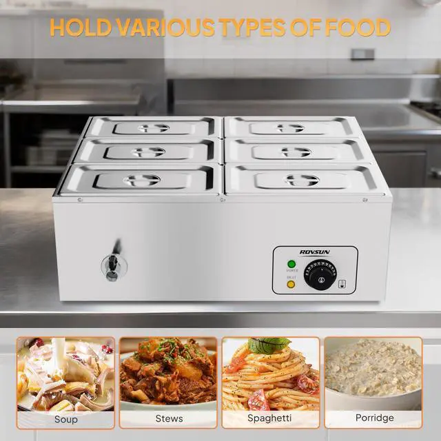 Alt view image 6 of 6 - 42.3 QT 6 Pan Commercial Electric Food Warmer, Counter Top Electric Bain-Marie with Warming Plate, Steam Table Food Warmer for Catering, Parties Buffet and Restaurant, Stainless Steel, 1200W