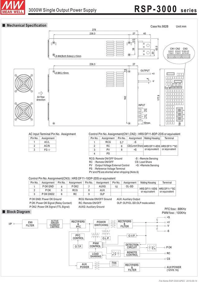 Alt view image 2 of 6 - RSP-3000-48 Enclosed Switching AC-to-DC Power Supply, Single Output, 48V, 0-62.5A, 3000W, 2.5" H x 7.0" W x 10.9" L