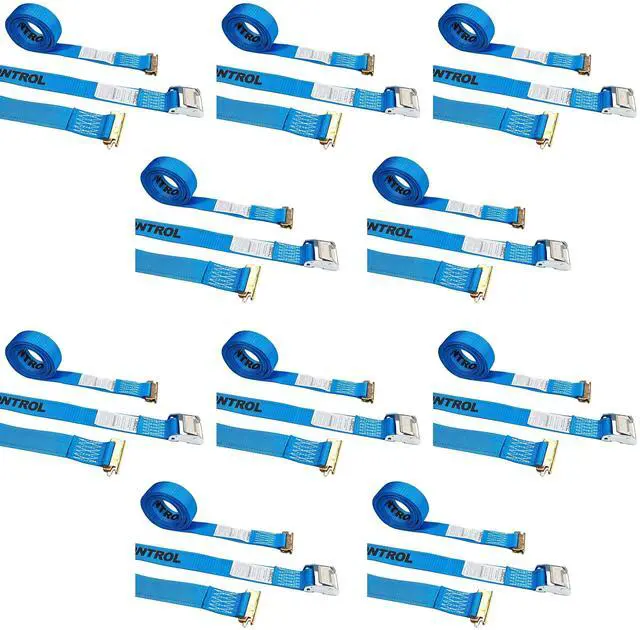 Main image of E-Track Cam Buckle Straps (10-Pack), 2 Inch x 20 Foot E Track Straps with Cam Buckle and Spring E-Fittings, 2,500 LBS Break Strength, Easy-to-Use Tiedowns in Vans and Trailers