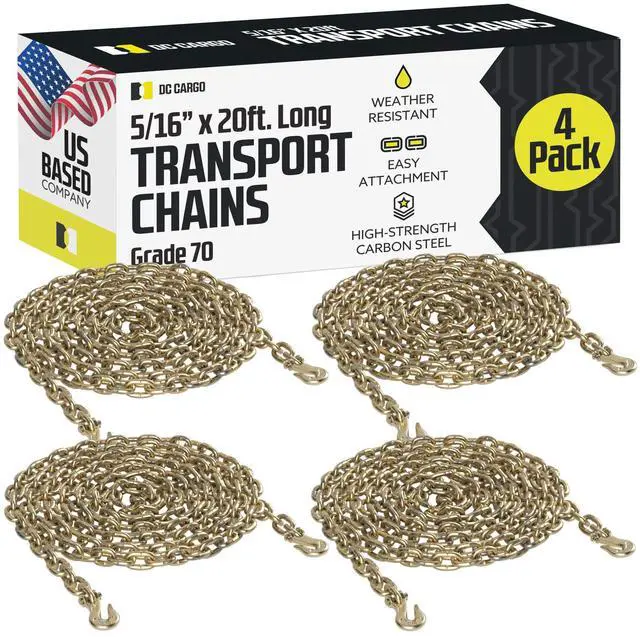 Main image of DC Cargo Tie Down Transport Chains - Heavy Duty Tow Chain with 5/16" Grade 70 Chain, Log Chain Hooks, G70 Load Binder Chain is 20 ft Long, 4,700 lbs WLL (Pack of 4)