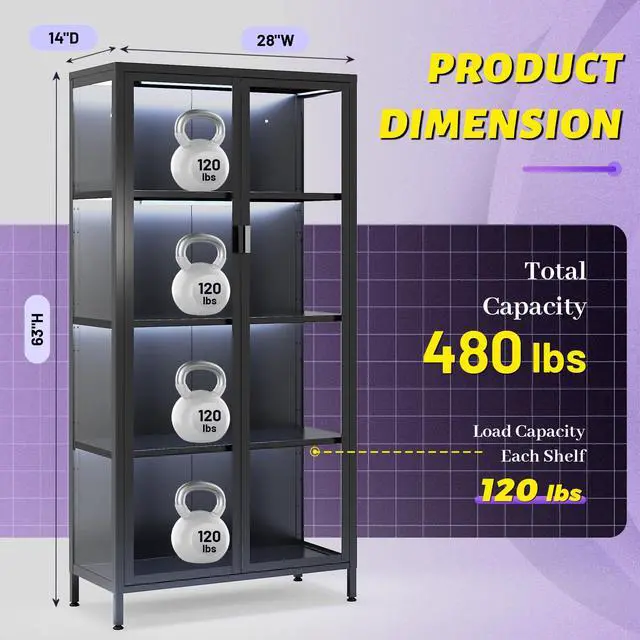 Alt view image 2 of 2 - 63" H Display Cabinet with Glass Doors,4-Tier Metal Display Case for Collectibles,Curio Cabinet with 3 Adjustable Shelves and Dimmable LED Lights for Living Room,Home Office
